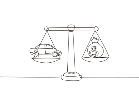 Continuous one line drawing money sack scales concept with a car on one side and sack of money on the other. Sale and purchase new car concept. Single line draw design vector graphic illustrationのイラスト素材