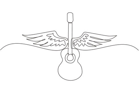 Continuous one line drawing musical emblem with wings, fire and caption guitar music. Musical instrument. Rock concert. Acoustic guitar with wings. Single line draw design vector graphic illustrationのイラスト素材