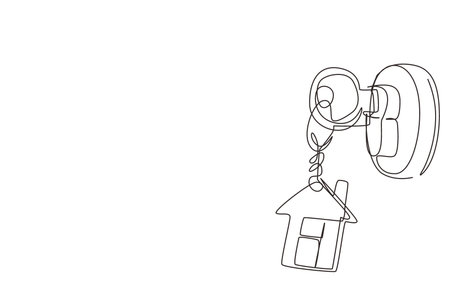 Single continuous line drawing close up key on door, personal loan concept. Keys in door lock. Mortgage, credit or property concept. Sale and rent of apartments. One line draw graphic design vectorのイラスト素材