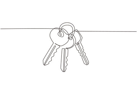Single continuous line drawing three keys from apartment. House apartment rental for sale. The concept of privacy, security and protection. Dynamic one line draw graphic design vector illustrationのイラスト素材