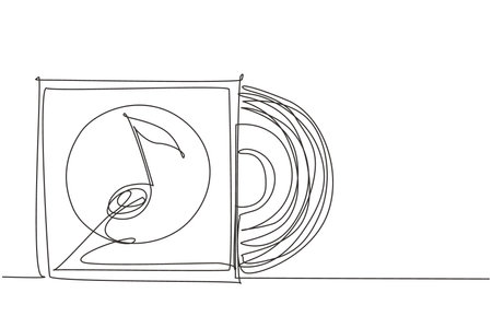 Continuous one line drawing Realistic vinyl record with cover mockup. Typography with headphones and sound wave. Music collection. Front view. Single line draw design vector graphic illustrationのイラスト素材