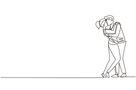 Single one line drawing loving couple kissing and hugging. Young romantic couple lovers kissing. Happy man and woman prepare for wedding party. Continuous line draw design graphic vector illustrationのイラスト素材