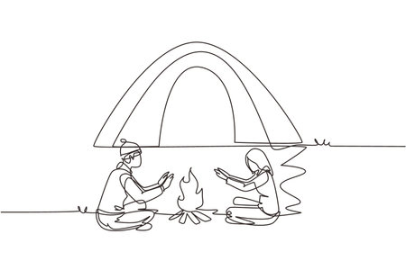 Single continuous line drawing traveling couple active recreation camping around campfire tents. Man and woman warm their hands near bonfire. Dynamic one line draw graphic design vector illustrationのイラスト素材