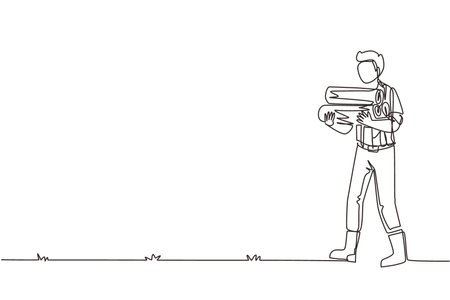 Single continuous line drawing strong lumberjack with beard in plaid shirt, jeans and boots, holding stack of firewood in hands. Woodcutter, forest worker. One line draw design vector illustrationのイラスト素材