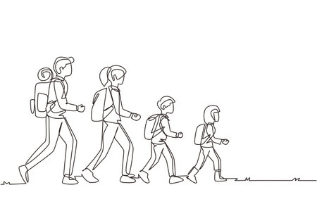 Single continuous line drawing man, woman, children, family hikers traveling trekking with backpacks in mountains forest. Trip and holiday concept. One line draw graphic design vector illustrationのイラスト素材