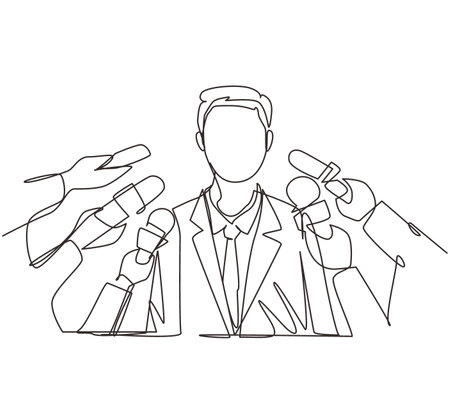 Single one line drawing interview. Man with microphones. Popular person, presenter, celebrity, political gives comment for breaking news, reportage, tv. Continuous line draw design vector illustrationのイラスト素材
