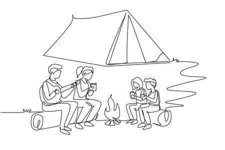 Continuous one line drawing cheerful family camping with bonfire at night. Drinking tea sitting on logs. Father playing guitar and sing song with children. Single line draw design vector illustrationのイラスト素材