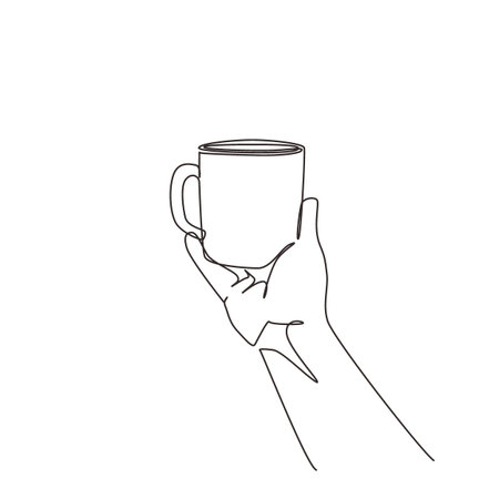 Single one line drawing female hand holding a cup with tea or coffee. Realistic drawing of beautiful hand holding mug with hot beverage. Modern continuous line draw design graphic vector illustrationのイラスト素材