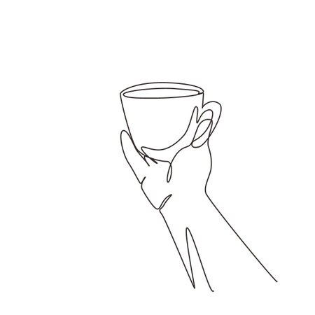 Continuous one line drawing hand hold cup of coffee steam light bulb. Worker want to drink coffee before work. Happy break morning time at office. Single line draw design vector graphic illustrationのイラスト素材