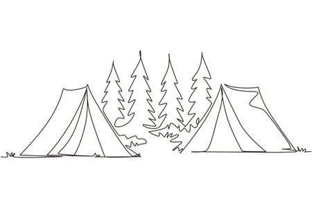 Continuous one line drawing two tents camping tourist pine forest mountain expedition. Travel, adventure, nature, expedition and vacation concept. Single line draw design vector graphic illustrationのイラスト素材