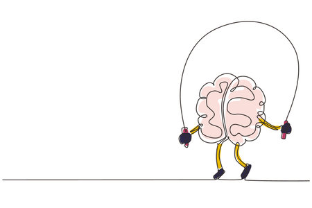 Single continuous line drawing brain training with rope jumping flat design. Creative idea. Fitness brain concept. Doodle style. Character brain for sport, education. One line draw vector illustrationのイラスト素材