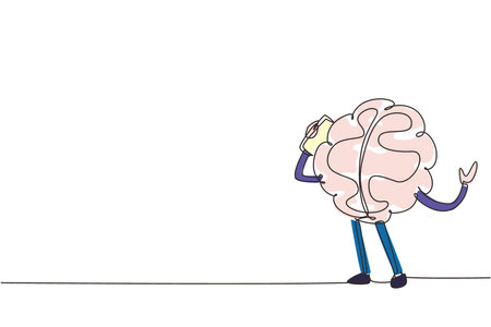 Single continuous line drawing brain using smartphone talking cartoon person mobile phones. Business negotiations by phone human brain character, smart wise. One line draw design vector illustrationのイラスト素材