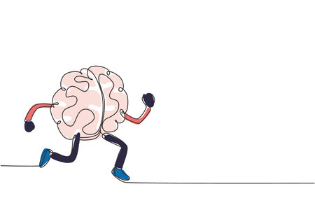 Single continuous line drawing brain running with shoes cartoon isolated. Train your brain. Creative concept. Flat design of brain for sport win. One line draw graphic design vector illustrationのイラスト素材