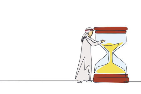 Single continuous line drawing confident young Arabian businessman hugging on huge hourglass. Time management or successfully task organizing concept. One line draw graphic design vector illustrationのイラスト素材