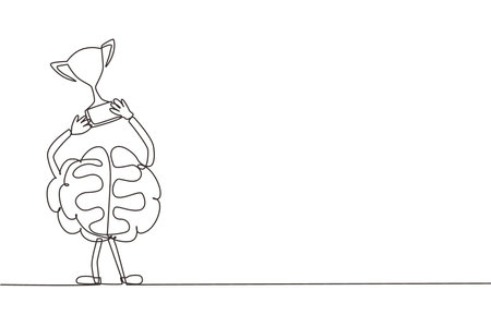 Single continuous line drawing brain with cup of the winner is on podium, won first place. Champion cartoon brain concept. Flat style design of education character brain. One line draw graphic vectorのイラスト素材