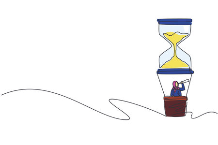 Continuous one line drawing Arab businesswoman in hot air balloon hourglass looking with telescope....