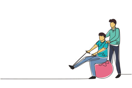 Single one line drawing physiotherapy rehabilitation isometric composition with medical specialist helping man patient to massage leg with rope. Modern continuous line draw design vector illustrationのイラスト素材