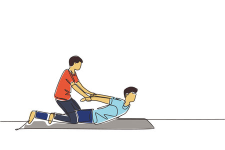 Single continuous line drawing professional therapist practicing massage therapy. Man patient enjoying wellness spa body treatment. Rehabilitation, physiotherapy treatment. One line draw design vectorのイラスト素材