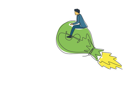 Single one line drawing businessman riding rocket money bag with dollar sign flying through sky. Financial success, business creative idea to achieve success goal. Continuous line draw design vectorのイラスト素材