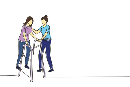 Single continuous line drawing woman walking in medical rehabilitation, physical therapy. Female in recovery doing exercises. Girl therapist helping in rehab healthcare. One line draw design vectorのイラスト素材