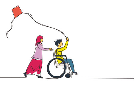 Single one line drawing happy child disabled concept. Hand drawn little Arab girl pushing boy in wheel chair with flying kite. Disabled has fun outside. Continuous line draw design vector illustrationのイラスト素材