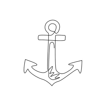 Single continuous line drawing anchor logo. Nautical maritime sea ocean boat symbol. Nautical icon vessel sign, boat, cargo shipping isolated. Dynamic one line draw graphic design vector illustrationのイラスト素材