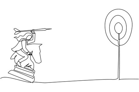 Single continuous line drawing Arabian businesswoman holding a dart arrow while riding chess knight piece, strategic concept. Success business manager. One line draw graphic design vector illustrationのイラスト素材