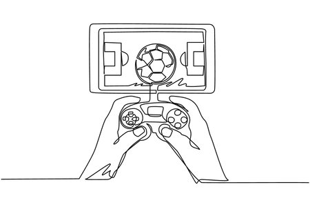 Single continuous line drawing smartphone connected with gamepad and playing football games. Online football games. Smartphone applications. Mobile football. One line draw design vector illustrationのイラスト素材