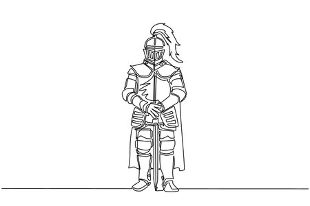 Continuous one line drawing medieval knight in armor, cape and helmet with feather. Warrior of middle ages standing and leaning on sword. Chivalry figure. Single line draw design vector illustrationのイラスト素材