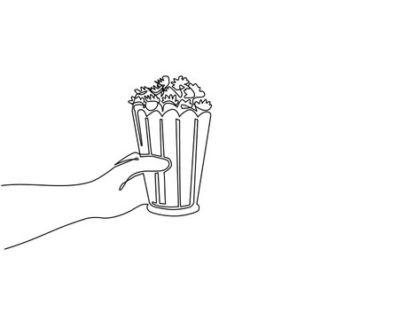 Single one line drawing hand holding popcorn. Human hands holding popcorn box. I love movie cinema icon. Watching movie concept in flat design style. Modern continuous line draw design graphic vectorのイラスト素材