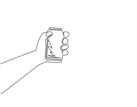Single one line drawing hand holding soda can. Male hand holding aluminium can on white background. For restaurant or cafe drink menu. Modern continuous line draw design graphic vector illustrationのイラスト素材