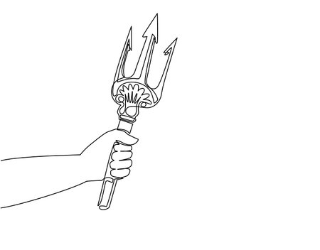Single one line drawing hand holding trident. Three-pronged spear, weapon of Poseidon, Neptune. Tridents icon flat style isolated on white background. Continuous line draw design vector illustrationのイラスト素材