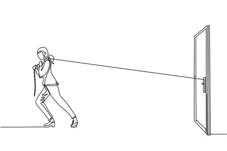 Single continuous line drawing businesswoman trying hard to pulling rope to drag heavy door frame, metaphor to facing big problem. Business struggles. Strength for success. One line draw design vectorのイラスト素材