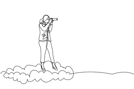 Continuous one line drawing businesswoman riding high cloud holding telescope or binocular to search for business visionary. Leadership vision to see company strategy. Single line draw design vectorのイラスト素材