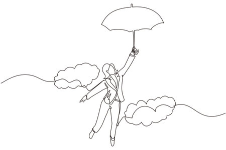 Continuous one line drawing happy wealthy businesswoman flying with her umbrella holding briefcase. Office worker achieve financial independence. Single line draw design vector graphic illustrationのイラスト素材