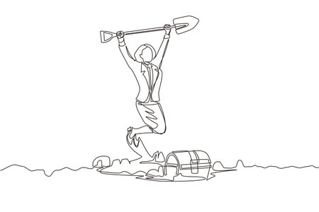 Single continuous line drawing businesswoman in hole prancing happily while lifting shovel with both hands, finding treasure chest. Lucky rich woman. One line draw graphic design vector illustrationのイラスト素材