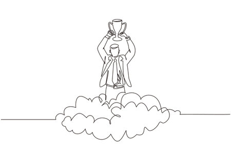 Single continuous line drawing businessman holding trophy in cloud. Showing award celebrates his victory in sky. Business success goal achievement. Winning competition. One line graphic design vectorのイラスト素材