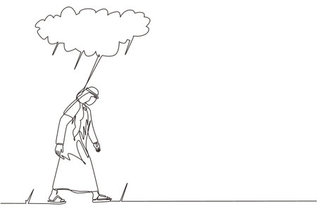 Single one line drawing unhappy depressed sad Arabian businessman in stress walking under rain cloud. Alone loser male depression. Loneliness in overcast weather. Continuous line design graphic vectorのイラスト素材