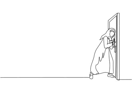 Single one line drawing Arabian businesswoman running wants to break down door. Business struggle. Strength for success. Opening closed doors. Continuous line draw design graphic vector illustrationのイラスト素材