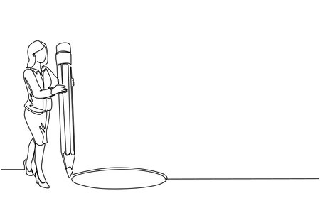 Single one line drawing businesswoman making circle of holes with large pencil. Business cheating. Woman making hole trap. Metaphor. Failure. Defeat. Continuous line draw design vector illustrationのイラスト素材