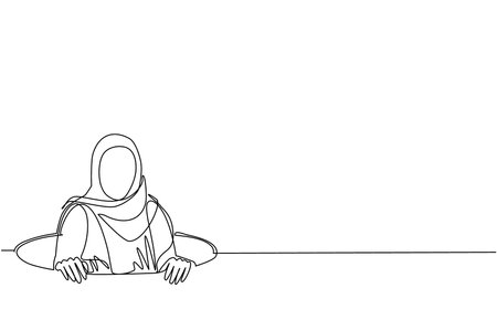 Single one line drawing Arab businesswoman emerges from hole. Concept of failure to take advantage of business opportunities. Depressed and business failure. Continuous line draw design graphic vectorのイラスト素材