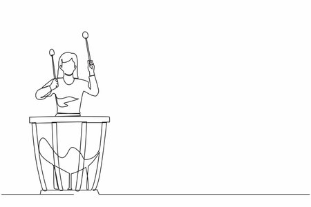 Continuous one line drawing female percussion player play on timpani. Woman performer holding stick and playing musical instrument. Musical instrument timpani. Single line draw design vector graphicのイラスト素材