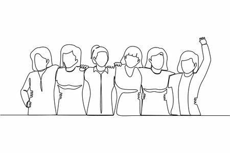 Continuous one line drawing group of women are hugging. Female together. Happy friendship day with diverse friends of people hugging together to celebrate special event. Single line draw design vectorのイラスト素材