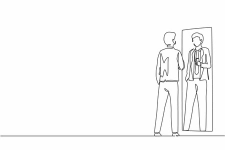 Single one line drawing businessman wearing formal suit making selfie in stand in front of mirror. Man taking selfie. Addiction on smartphone and internet. Continuous line design vector illustrationのイラスト素材