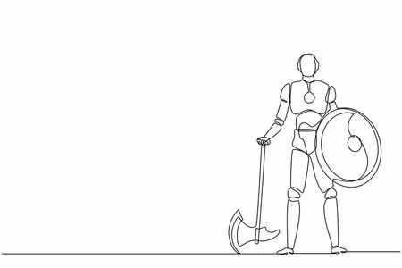 Continuous one line drawing robots stands holding big axe and shield. Humanoid robot cybernetic organism. Future robotics development concept. Single line draw design vector graphic illustrationのイラスト素材