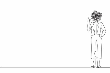 Single one line drawing businesswoman with round scribbles instead of head. Female manager pointing finger up gesture. Idea, innovation, invention, problem solving. Continuous line draw design vectorのイラスト素材