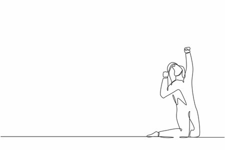 Single one line drawing happy Arabian businessman kneeling with raised one hand high and raised other. Salesman celebrates salary increase from company. Continuous line draw design vector illustrationのイラスト素材