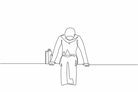Continuous one line drawing sad Arabian businesswoman sits at bench alone. Woman suffering from depression, experience dismissal, gets into difficult life situation, despair. Single line design vectorのイラスト素材