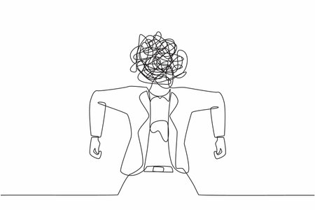 Single continuous line drawing businesswoman with round scribbles instead of a head. Angry female manager. Emotional executive in rage. Feeling anger. One line draw graphic design vector illustrationのイラスト素材