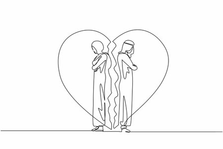Continuous one line drawing unhappy Arab couple standing arms crossed. Family conflict. Break up relationship. Married couple man woman angry, sad against broken heart. Single line draw design vectorのイラスト素材